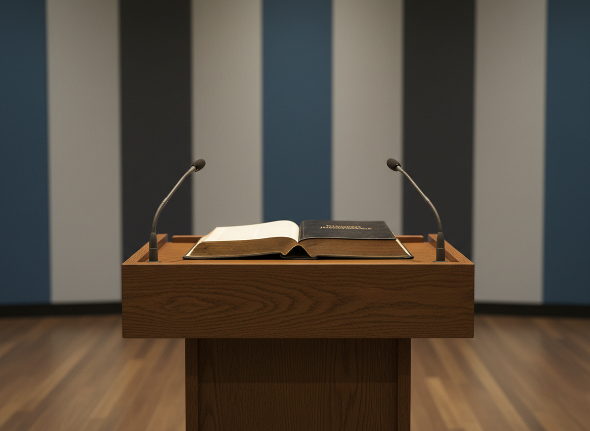 A close-up of a sturdy wooden lectern with a matte finish, topped by an open, well-worn law book and a pair of simple stainless-steel clip-on microphones angled toward the pages. Behind the lectern, tall vertical acoustic panels in muted blues and grays create a modern debate hall backdrop, softly blurred. Warm overhead spotlights create gentle highlights on the book’s embossed title and subtle reflections on the metal microphones, while casting a soft shadow of the lectern on the floor. Photographic realism from a slightly low angle, emphasizing the lectern as a symbol of speaking plainly and directly in public debate, with a focused, dignified atmosphere.