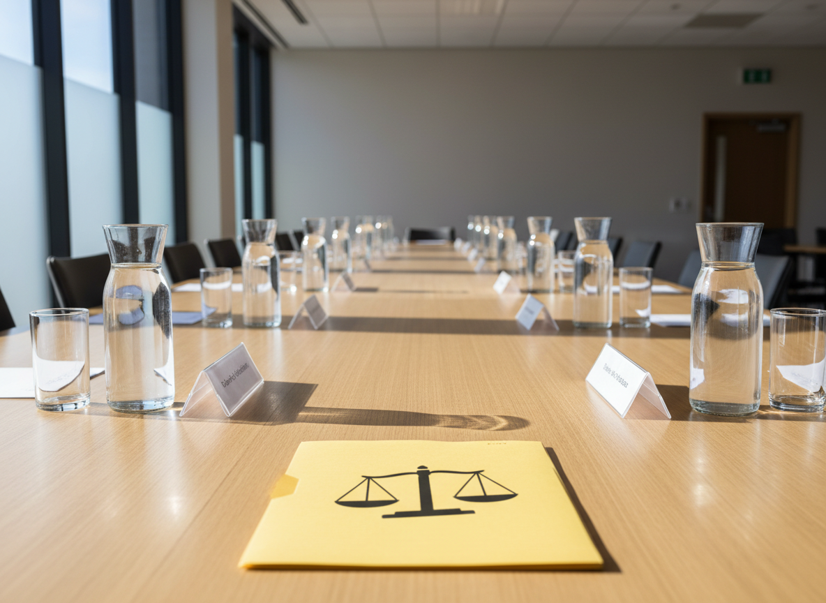 A long rectangular wooden table in a daylight-filled civic meeting room, viewed from one end, lined only with evenly spaced blank white nameplates and glass water carafes. In the center of the table lies a single bright yellow folder stamped with a bold icon of balanced scales, drawing the eye. Large frosted windows on one side bathe the scene in soft natural light, creating long, gentle shadows and subtle reflections in the glass. Photographic realism with a strong leading-line perspective, the far end receding into soft blur. The mood is anticipatory and orderly, suggesting structured yet accessible public dialogue about justice and accountability.