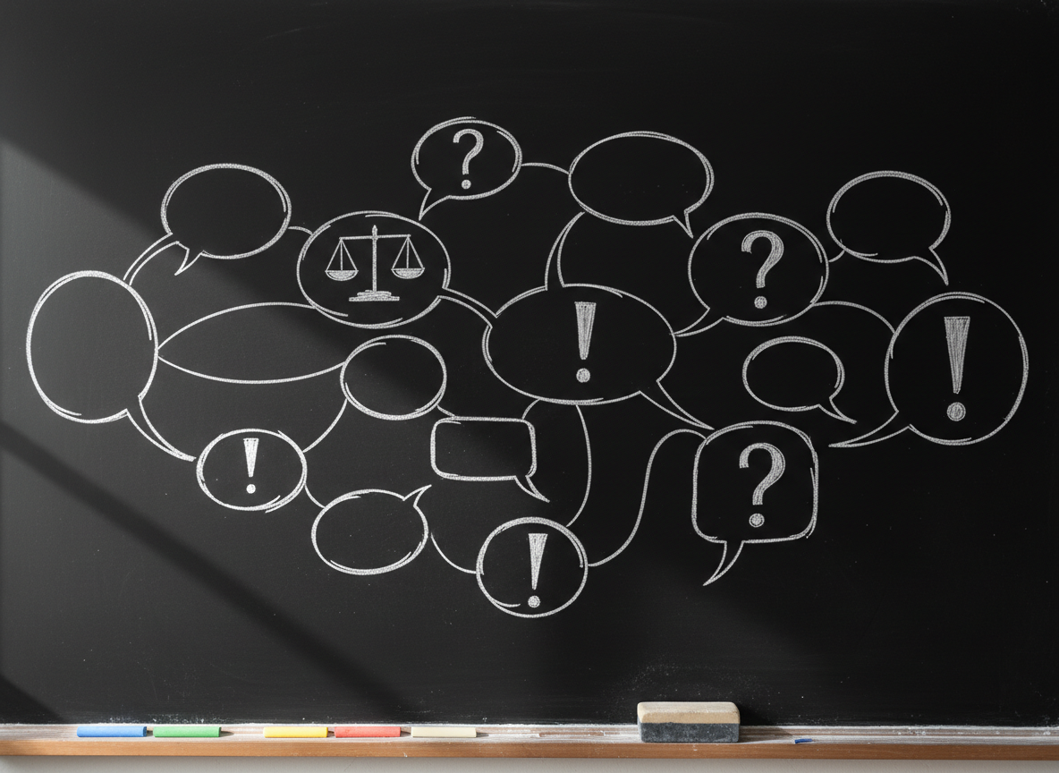 A large, clean blackboard spanning the frame, covered with neatly drawn interconnected speech bubbles in white chalk, some containing simple icons like scales of justice, exclamation marks, and question marks. At the bottom edge rests an orderly row of colored chalk sticks and a slightly dusty eraser on a wooden rail. Diffused overcast daylight from an unseen window softly illuminates the chalk textures and subtle dust, casting gentle shadows along the board’s edge. Shot straight-on with photographic realism and sharp focus throughout, the composition is symmetrical and calm, evoking thoughtful, inclusive public discussion and the careful weighing of ideas in a quiet, contemplative atmosphere.